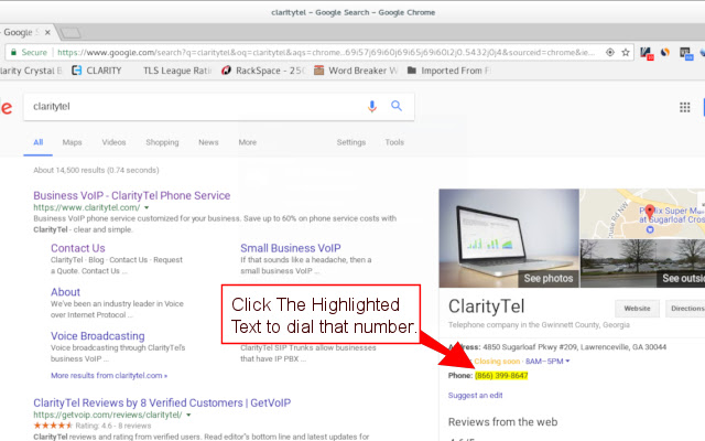ClarityTel click2dial  from Chrome web store to be run with OffiDocs Chromium online