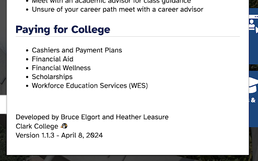 Clark College Student Success Resources  from Chrome web store to be run with OffiDocs Chromium online