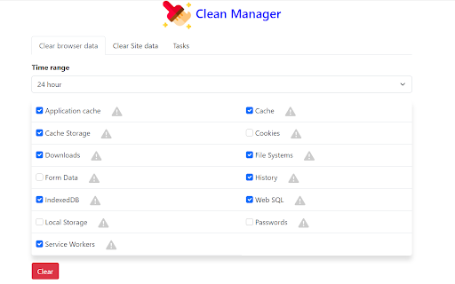 Clean Manager History and Cache cleaner from Chrome web store to be run with OffiDocs Chromium online Clean Manager History and Cache cleaner from Chrome web store to be run with OffiDocs Chromium online