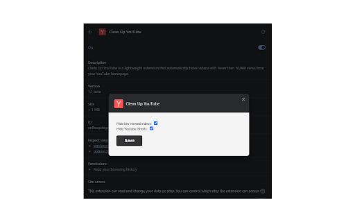 Clean Up YouTube  from Chrome web store to be run with OffiDocs Chromium online