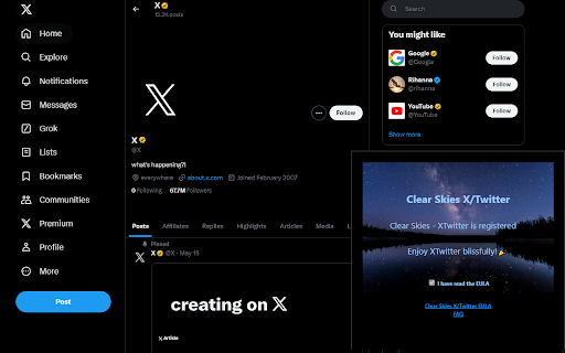 Clear Skies XTwitter  from Chrome web store to be run with OffiDocs Chromium online