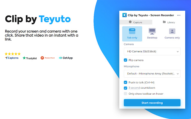 Clip by Teyuto – Video  Screen Recorder  from Chrome web store to be run with OffiDocs Chromium online