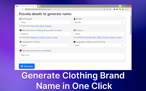 Clothing Brand Name Generator  from Chrome web store to be run with OffiDocs Chromium online