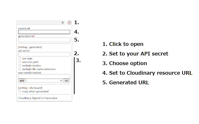 Cloudinary Signed Url Generator  from Chrome web store to be run with OffiDocs Chromium online