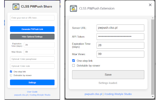 CLSS PWPush Extension  from Chrome web store to be run with OffiDocs Chromium online