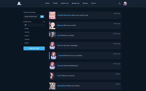 Clutterfree for Anilist  from Chrome web store to be run with OffiDocs Chromium online