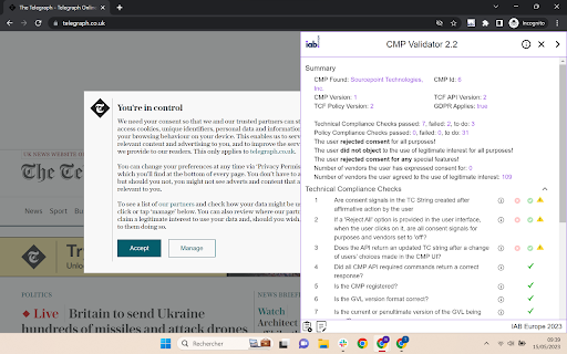 CMP Validator  from Chrome web store to be run with OffiDocs Chromium online