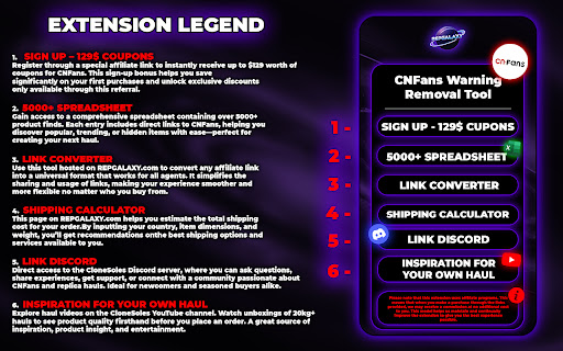 CNfans Warm Reminder Remover by RepGalaxy  from Chrome web store to be run with OffiDocs Chromium online