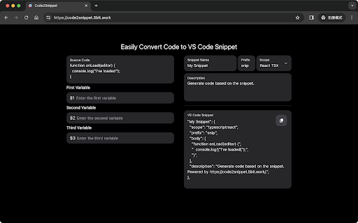 Code2Snippet  from Chrome web store to be run with OffiDocs Chromium online
