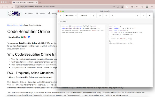 Code Beautifier Online  from Chrome web store to be run with OffiDocs Chromium online