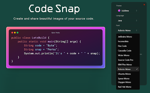 CodeSnap Share Code Snippets  from Chrome web store to be run with OffiDocs Chromium online