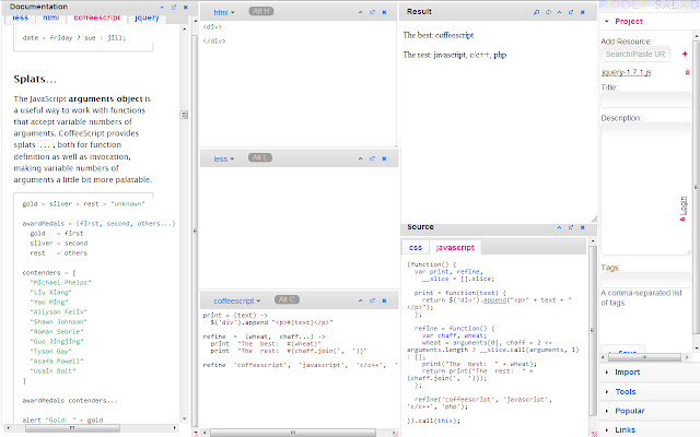 CoffeeScript IDE  from Chrome web store to be run with OffiDocs Chromium online