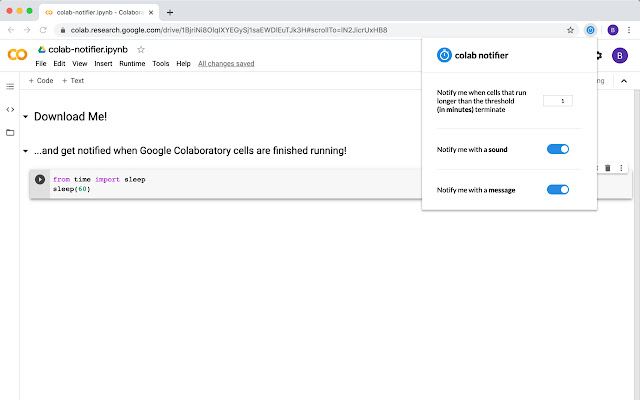 Colab Notifier  from Chrome web store to be run with OffiDocs Chromium online