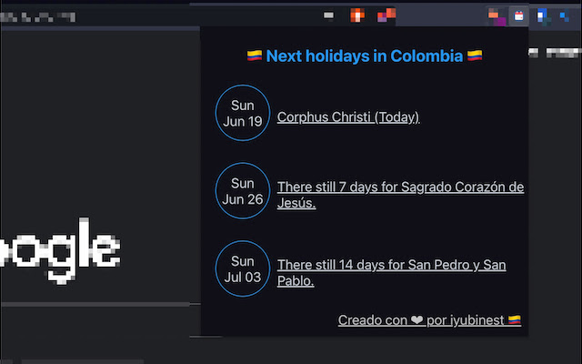 Colombian Holidays  from Chrome web store to be run with OffiDocs Chromium online