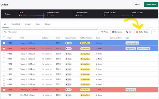 Color code Shopify orders  from Chrome web store to be run with OffiDocs Chromium online