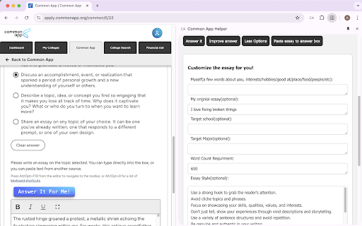 Common App Helper  from Chrome web store to be run with OffiDocs Chromium online