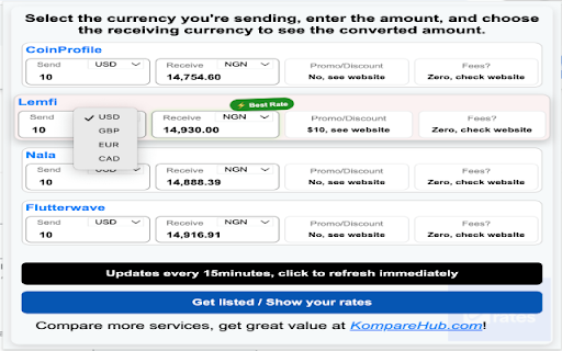 Compare Remittance Rates  from Chrome web store to be run with OffiDocs Chromium online