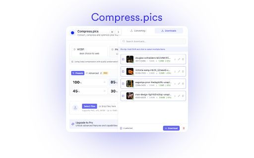 Compress.pics: WebP, PNG,  Jpeg  from Chrome web store to be run with OffiDocs Chromium online