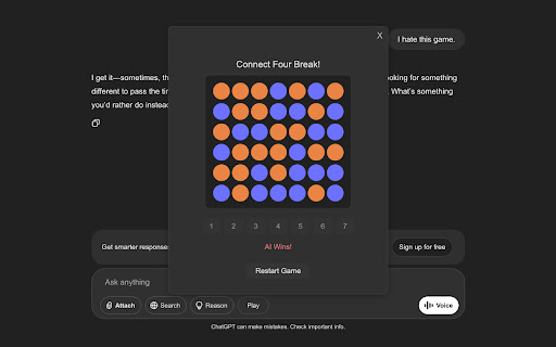Connect Four: ChatGPT Entertainment  from Chrome web store to be run with OffiDocs Chromium online