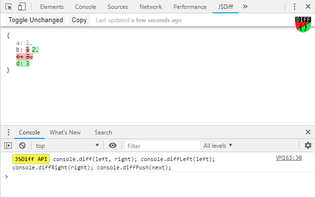 console.diff(...)  from Chrome web store to be run with OffiDocs Chromium online