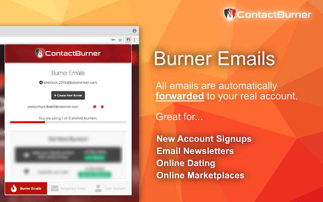 Contact Burner Disposable Email Manager  from Chrome web store to be run with OffiDocs Chromium online