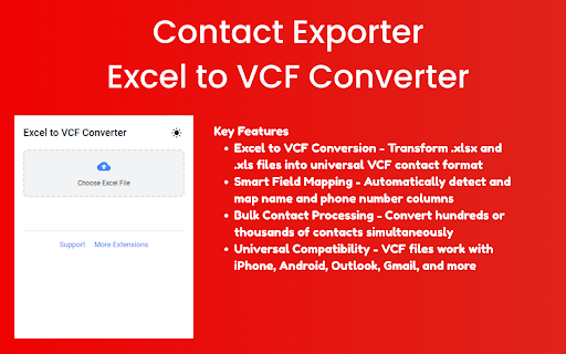 Contact Exporter: Excel to VCF Converter from Chrome web store to be run with OffiDocs Chromium online Contact Exporter: Excel to VCF Converter from Chrome web store to be run with OffiDocs Chromium online