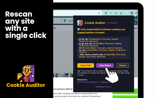 Cookie Auditor by Webomo  from Chrome web store to be run with OffiDocs Chromium online
