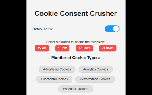 Cookie Consent Crusher  from Chrome web store to be run with OffiDocs Chromium online