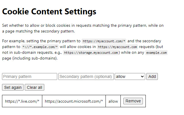 Cookie Content Settings  from Chrome web store to be run with OffiDocs Chromium online