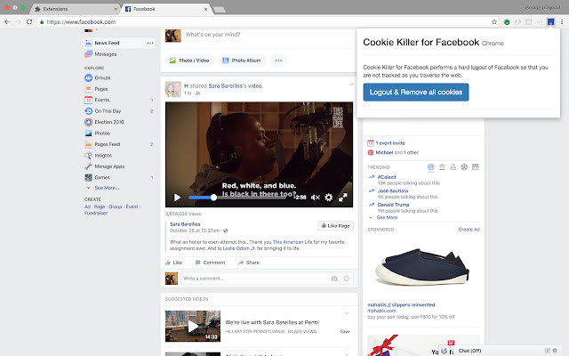 Cookie Killer for Facebook  from Chrome web store to be run with OffiDocs Chromium online