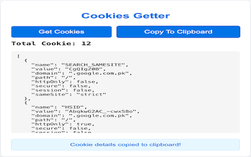 Cookies Getter  from Chrome web store to be run with OffiDocs Chromium online