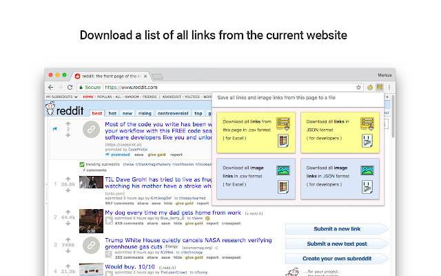 Copy all links and image links to CSV or JSON  from Chrome web store to be run with OffiDocs Chromium online