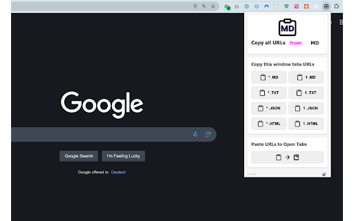 Copy All URLs MD  from Chrome web store to be run with OffiDocs Chromium online