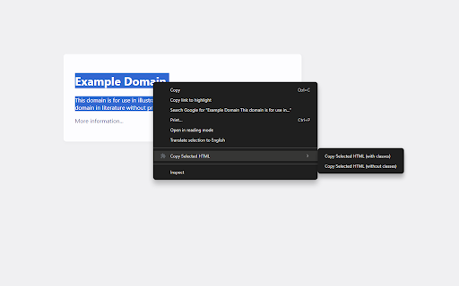 Copy Selected HTML  from Chrome web store to be run with OffiDocs Chromium online