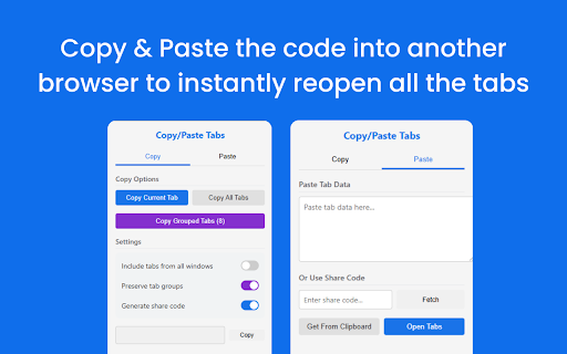 Copy Tabs – Instantly Copy, Paste and Share Tabs with a Code  from Chrome web store to be run with OffiDocs Chromium online