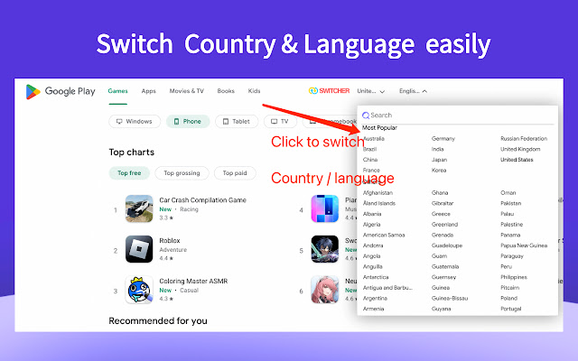Country  Language switcher For Play Store  from Chrome web store to be run with OffiDocs Chromium online