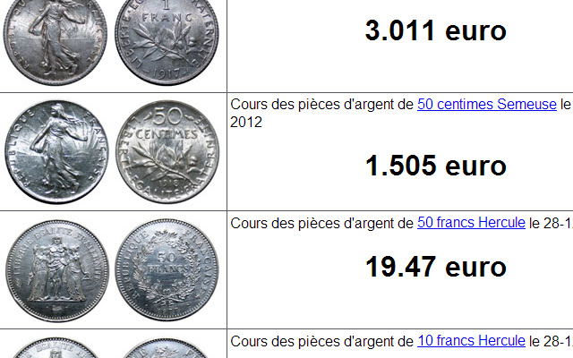 Cours des pieces en argent  from Chrome web store to be run with OffiDocs Chromium online