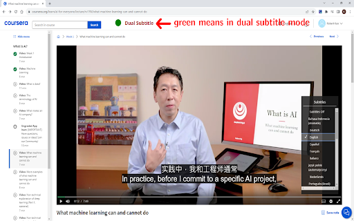 Coursera Dual Subtitle  from Chrome web store to be run with OffiDocs Chromium online
