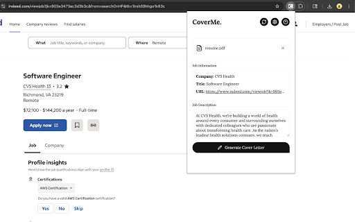 CoverMe AI Cover Letter Writer  from Chrome web store to be run with OffiDocs Chromium online