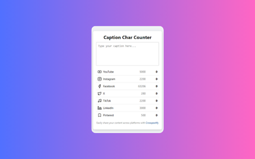 Crosspostify Caption Char Counter  from Chrome web store to be run with OffiDocs Chromium online