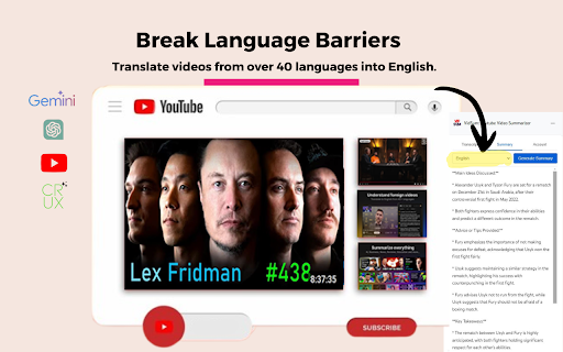 Crux AI: YouTube Video Summarizer  from Chrome web store to be run with OffiDocs Chromium online