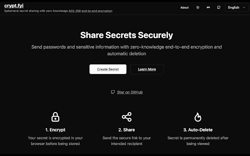 crypt.fyi  from Chrome web store to be run with OffiDocs Chromium online