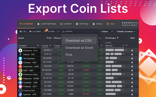 Crypto Alerts  Screener Price, Volume  Volatility Monitor  from Chrome web store to be run with OffiDocs Chromium online