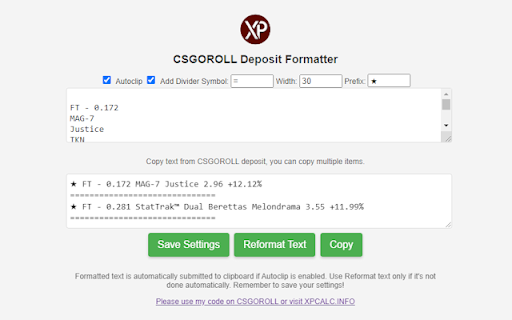 CSGOROLL deposit formatter  from Chrome web store to be run with OffiDocs Chromium online