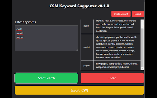 CSM Keyword Suggester from Chrome web store to be run with OffiDocs Chromium online CSM Keyword Suggester from Chrome web store to be run with OffiDocs Chromium online