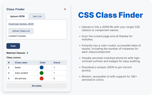 CSS class finder  from Chrome web store to be run with OffiDocs Chromium online