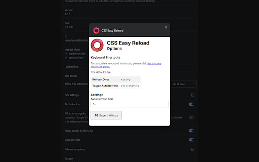 CSS Easy Reload  from Chrome web store to be run with OffiDocs Chromium online