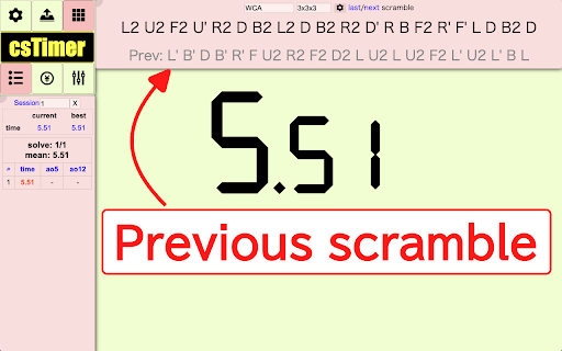 csTimer Previous Scramble  from Chrome web store to be run with OffiDocs Chromium online