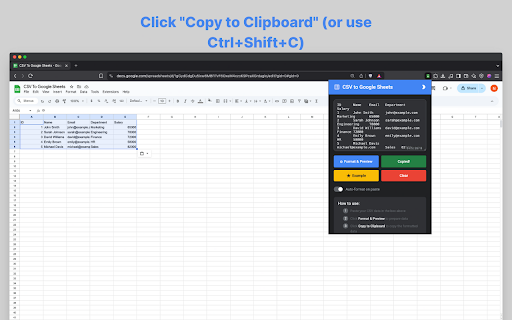 CSV to Google Sheets  from Chrome web store to be run with OffiDocs Chromium online