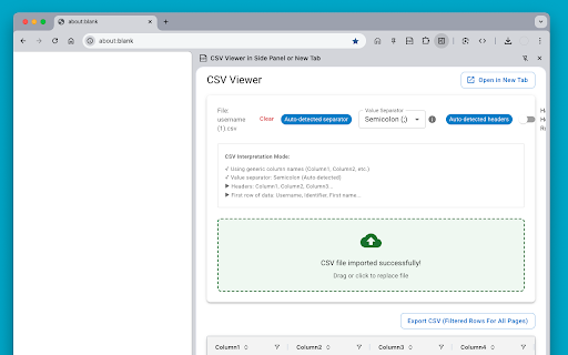 CSV Viewer in Side Panel or New Tab  from Chrome web store to be run with OffiDocs Chromium online